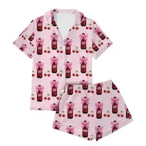 Coquette Cherry Drink Satin Pajama Set Women, Sweet Beverage Print Sleepwear, Short Sleeve Silky Lounge Outfit Gift