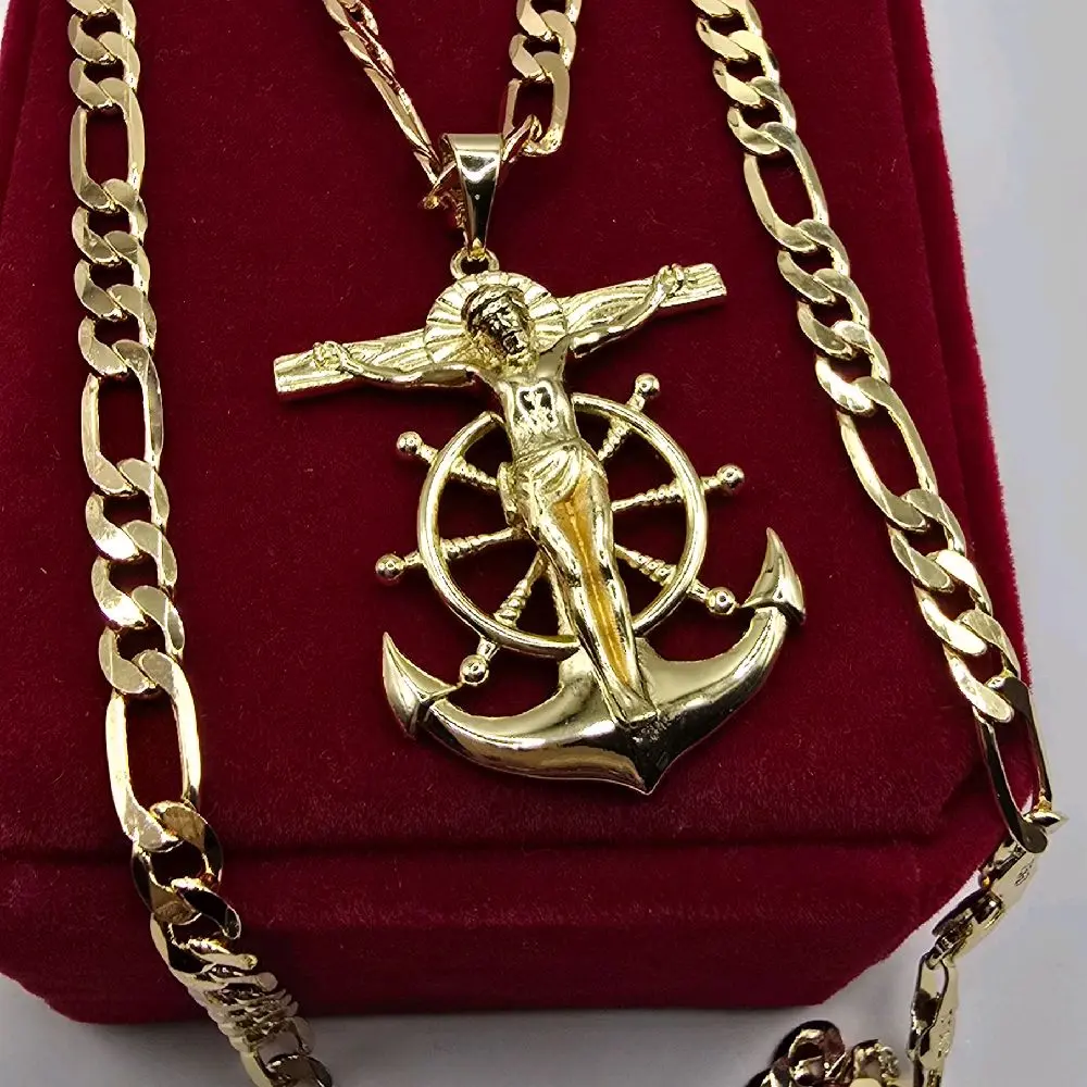 Anchor with Jesus Christ pendant; measures 2.5"; includes 24", 5mm gold-plated chain.