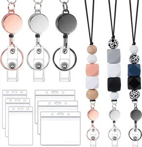 9 in 3 Set Retractable Lanyard for ID Badges with ID Holder Wooden Beaded Lanyards for Women Teacher Appreciation Gifts Office  for Coworkers
