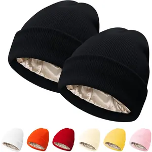 2 Packs Womens Satin Lined Beanie Hat Silk Lining Winter Hats Beanies for Women Soft Slouchy Beanie Skull Cap