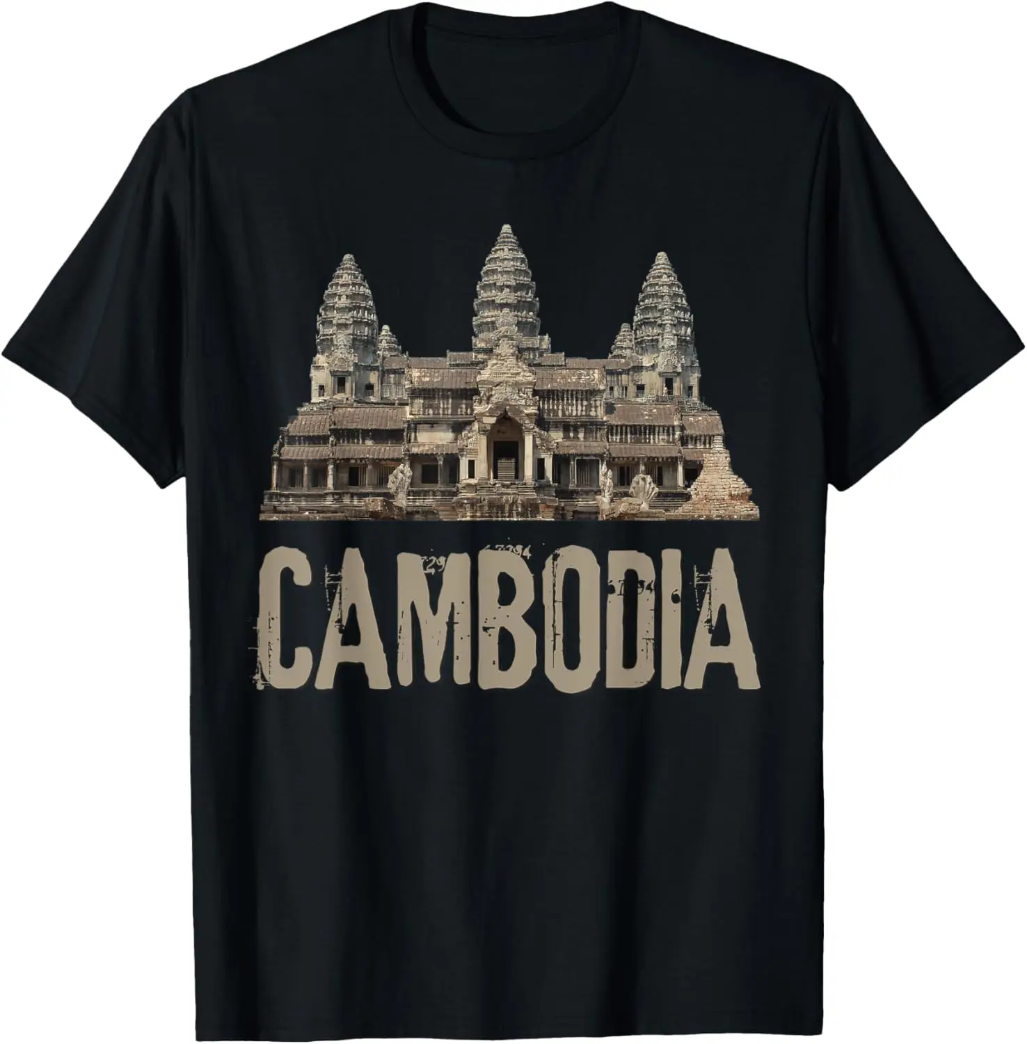 Women's 100% Cotton Short-Sleeve Graphic T-Shirt - Stylish Everyday Streetwear Statement Top with Distressed Design & Cambodia Angkor Wat Khmer Historical Temple Print