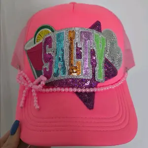 Salty Hot Pink Trucker Hat with Sequin Embellishments and Pearl Trim for Stylish Outfits