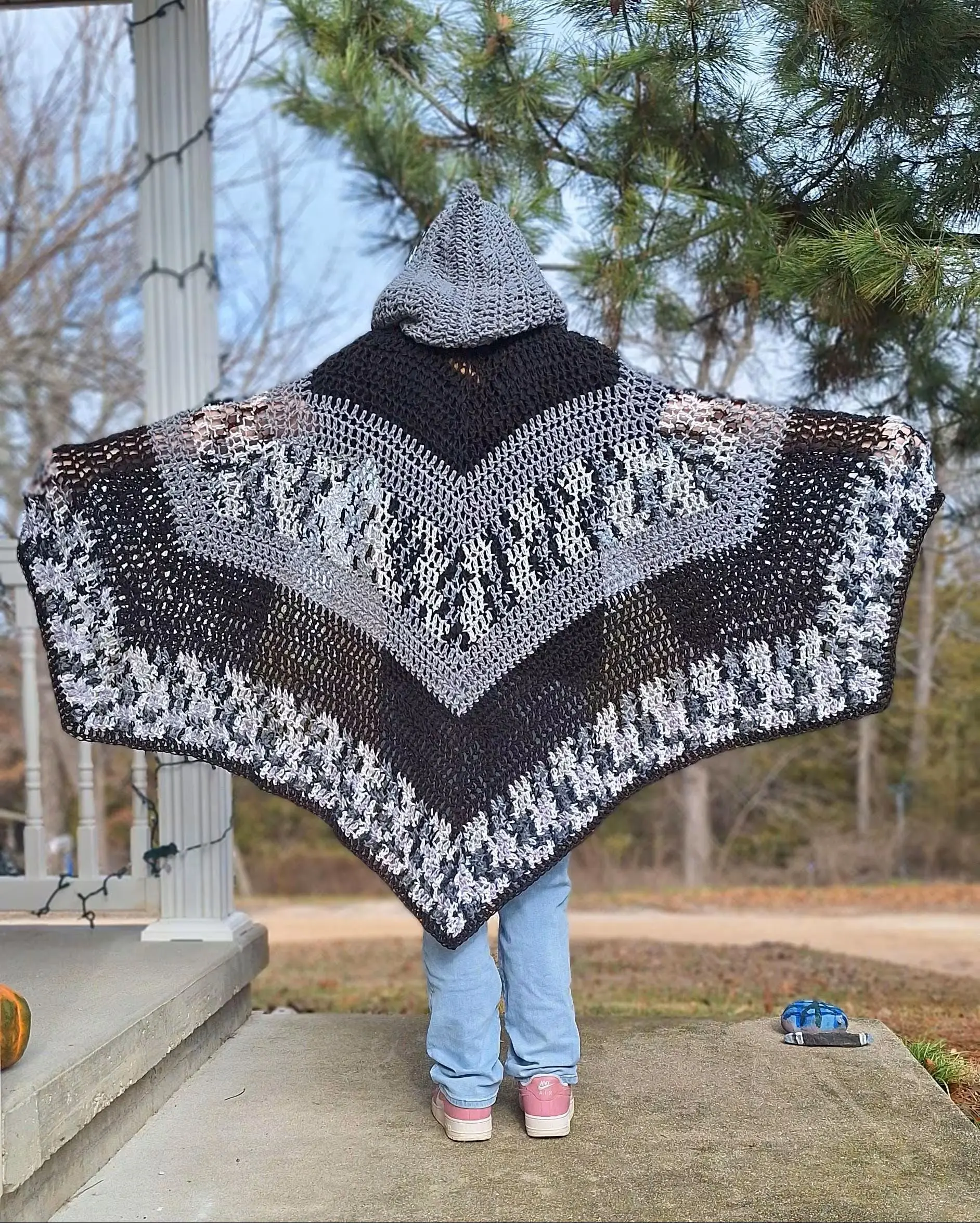 Silver Moon Cape Hooded Crochet Cape Tri Colored Handmade Gothic Cloak Soft Yarn Open Front Flowing Drape Versatile Easy to Wear