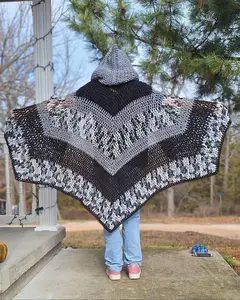 Silver Moon Cape Hooded Crochet Cape Tri Colored Handmade Gothic Cloak Soft Yarn Open Front Flowing Drape Versatile Easy to Wear