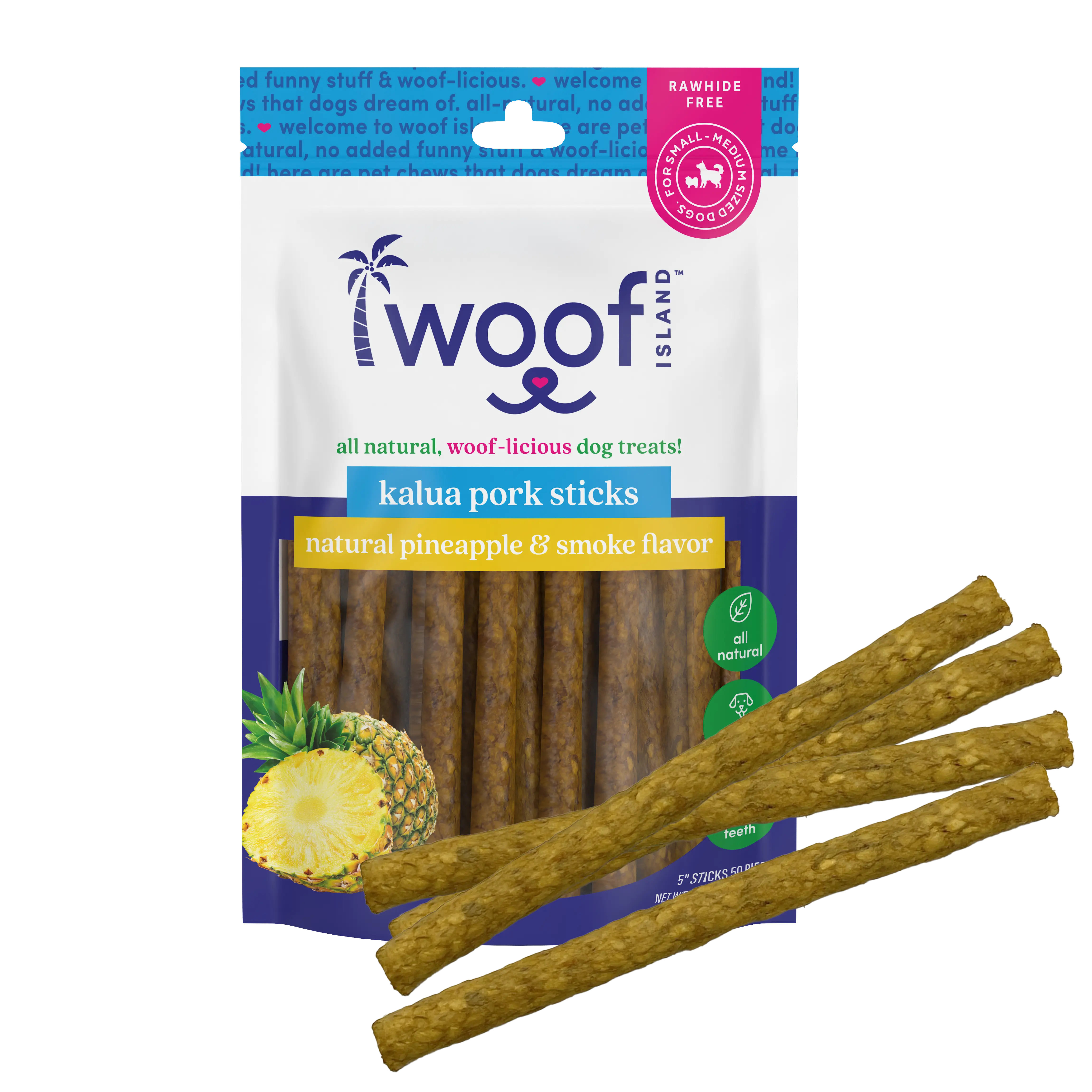 Woof Island Smoked Kalua Pork & Pineapple Dog Sticks, High-Value Training Treats for Dogs