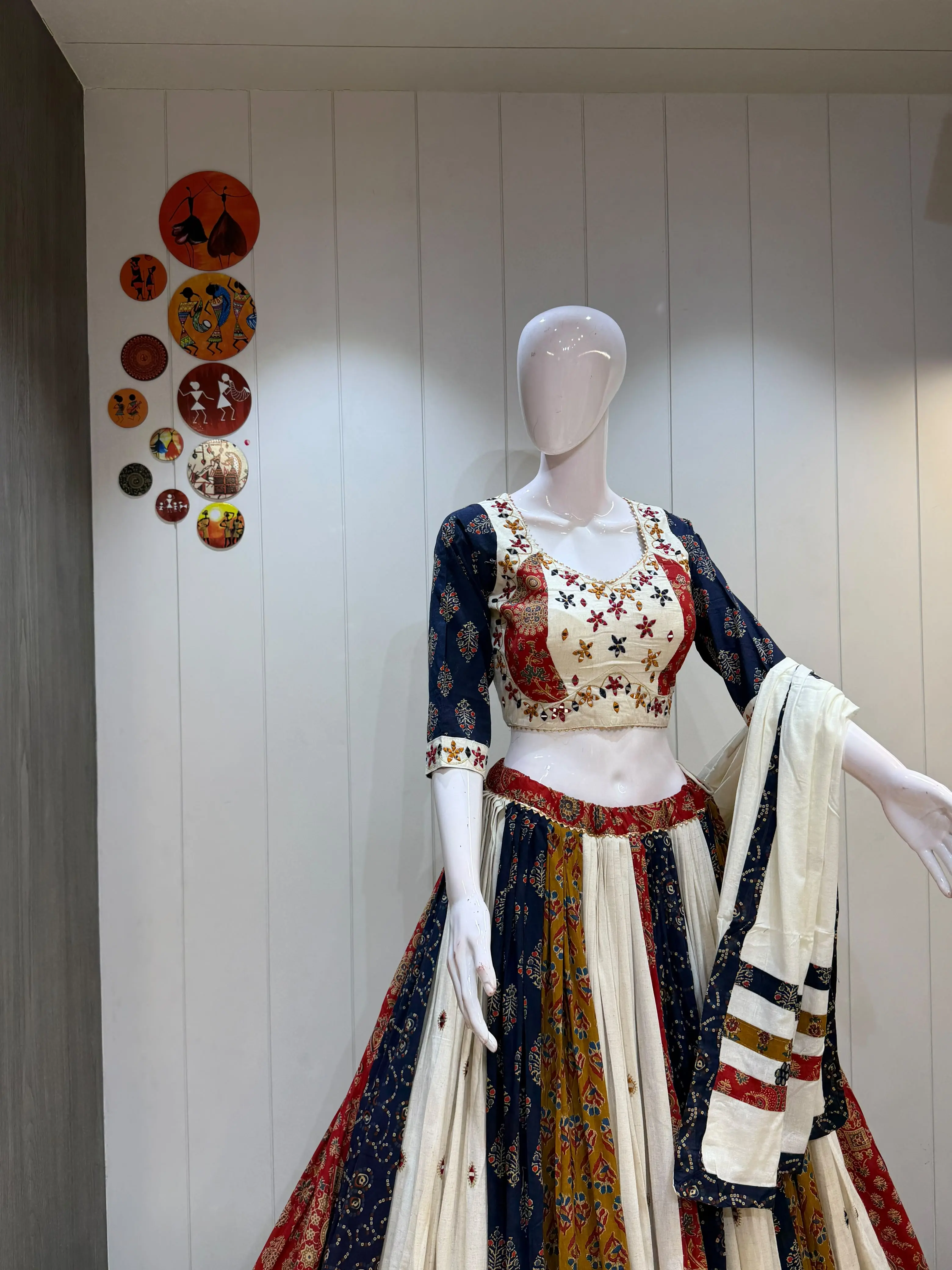 Multicolor Panel Chaniya Choli Set - Cambric Cotton with Mirror Work and White Dupatta