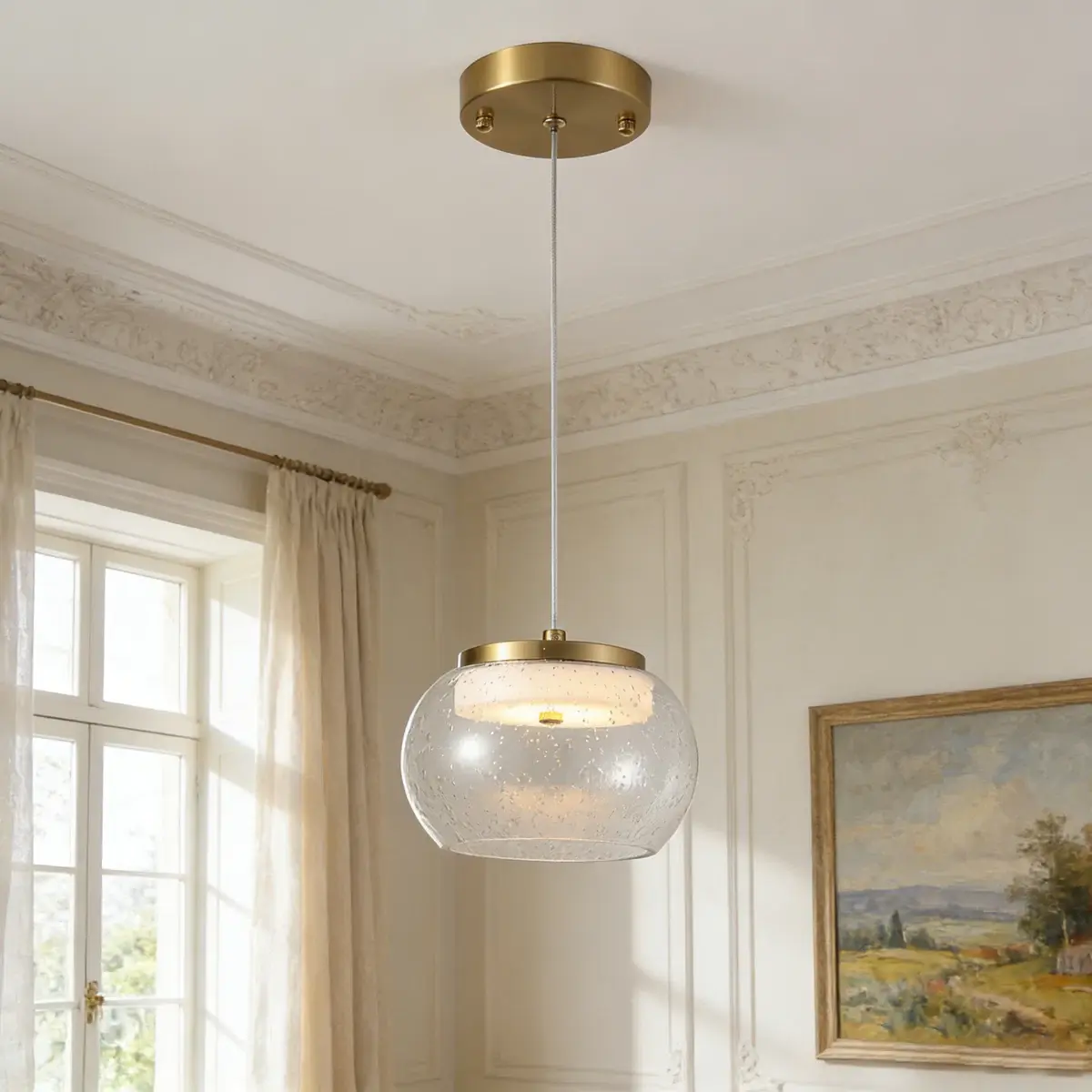 Garwarm 7 Inch Modern Gold Glass Height-Adjustable Pendant Light,1-Light Hanging Pendant Lighting Fixture with Seeded Glass Shade and Electroplated Brass Finish for Kitchen Island,Dining Room,Bedroom,Hallway