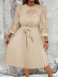 Women's Spring Summer Plus Size Fashion Chic Elegant Modest Casual Lace Patchwork Pleated Dress, Long Sleeve Loose-Fitting Midi Dress