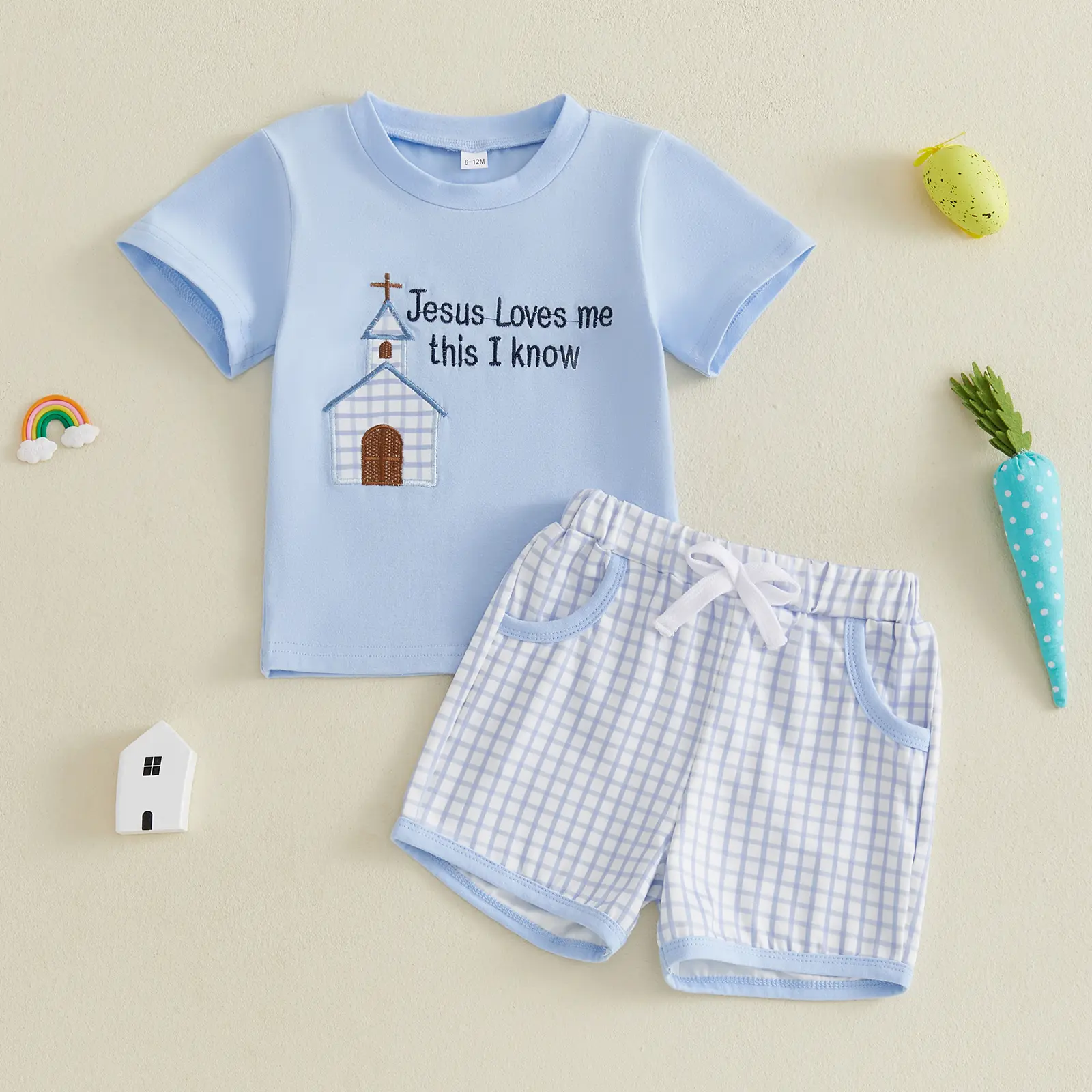 Toddler Baby Little Boys Easter Shorts Sets Short Sleeve Letter House Embroidery Tops Plaid Shorts 6M-4T