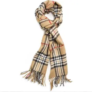 Unisex cashmere-feel plaid scarf with tassels, suitable for winter wear, classic, warm, soft, and long.