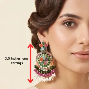 Traditional Gold-Plated Pakistani Nauratan Bridal Series Earrings - Gold Accent, Multicolor Stones, Seed Pearls Matching Pair, Bridal & Birthday Party Costume Fashion Accessory Gift, Gold Accent Earrings