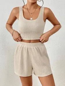 2026 New Textured Tank Top and Shorts Set, Round Neck Sleeveless Crop Top + High Waist Shorts, Casual Two-Piece, Summer Fashion, Womenswear, Women