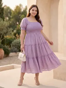 【Plus-Size】Puff Sleeve Off-Shoulder Dress, Square-Neck Tencel Tiered Midi Dress | Smooth & Soft Fabric & A-Line Silhouette Curvy fit Design, Suitable for Commuting, Dating, and Vacations Jacquard Summer western Loose