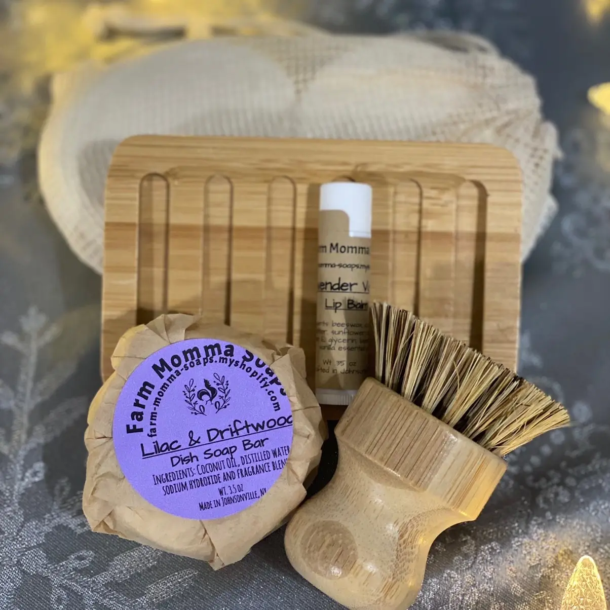 Sustainability Starter Set an Eco-conscious gift option with Dish Brush, Bamboo Soap Dish, Dish Soap Bar and Reusable Cotton Rounds with wash bag!