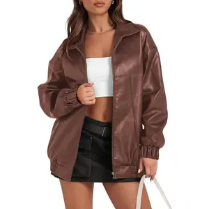 Women’s Oversized Faux Leather Casual Zip-Up Bomber Motorcycle Jacket – Trendy Autumn/Winter Clothing (Sizes S–XXL)