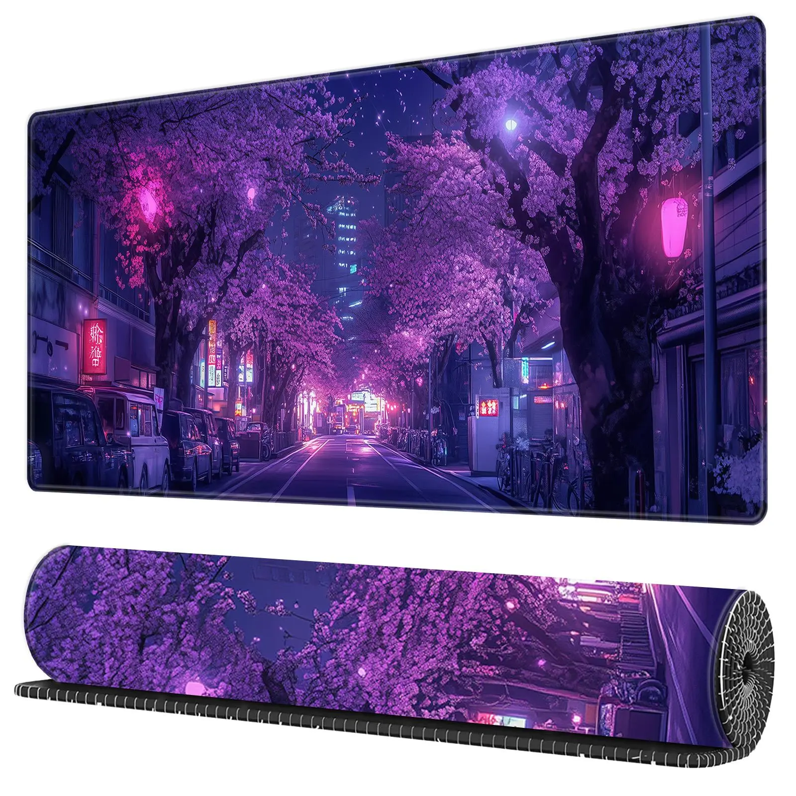 BHJLAXR Street Purple Cherry Blossoms Pattern Mouse Pad, 1 Count Rectangle Gaming Mouse Pad, Non-Slip Mouse Pad, Office Desk Keyboard Mouse Mat for Office Game Mousepad, Desk Accessories, Computer Mouse Pad