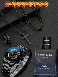 Men's Fashion Watch Set, Hollow Calendar Quartz Watch, Casual Wristwatch, Business Fashion Watch, Modern fashionable wristwatch, Casual Trendy Wristwatch, Elegant Gentleman Perfume Bracelet Necklace Ring Accessories