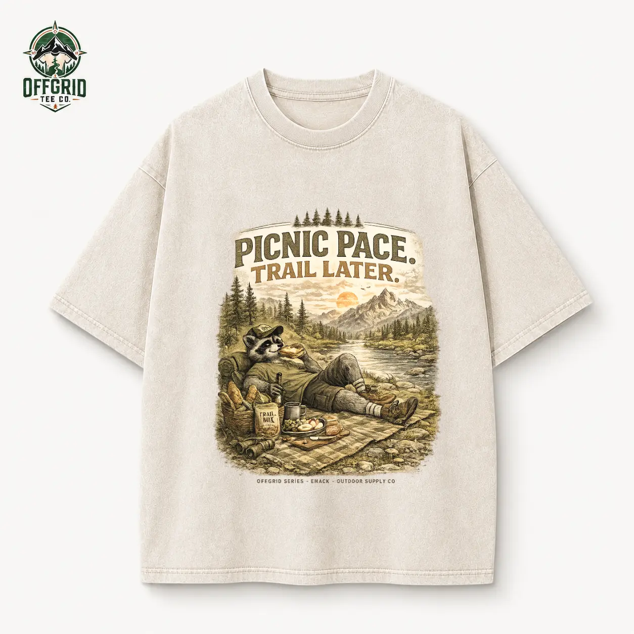 Picnic Pace Trail Later Raccoon Picnic Tee, Vintage River Picnic Graphic Tshirt, Off Grid Series Outdoor Supply Shirt, Casual Camping Wear Aesthetic Menswear