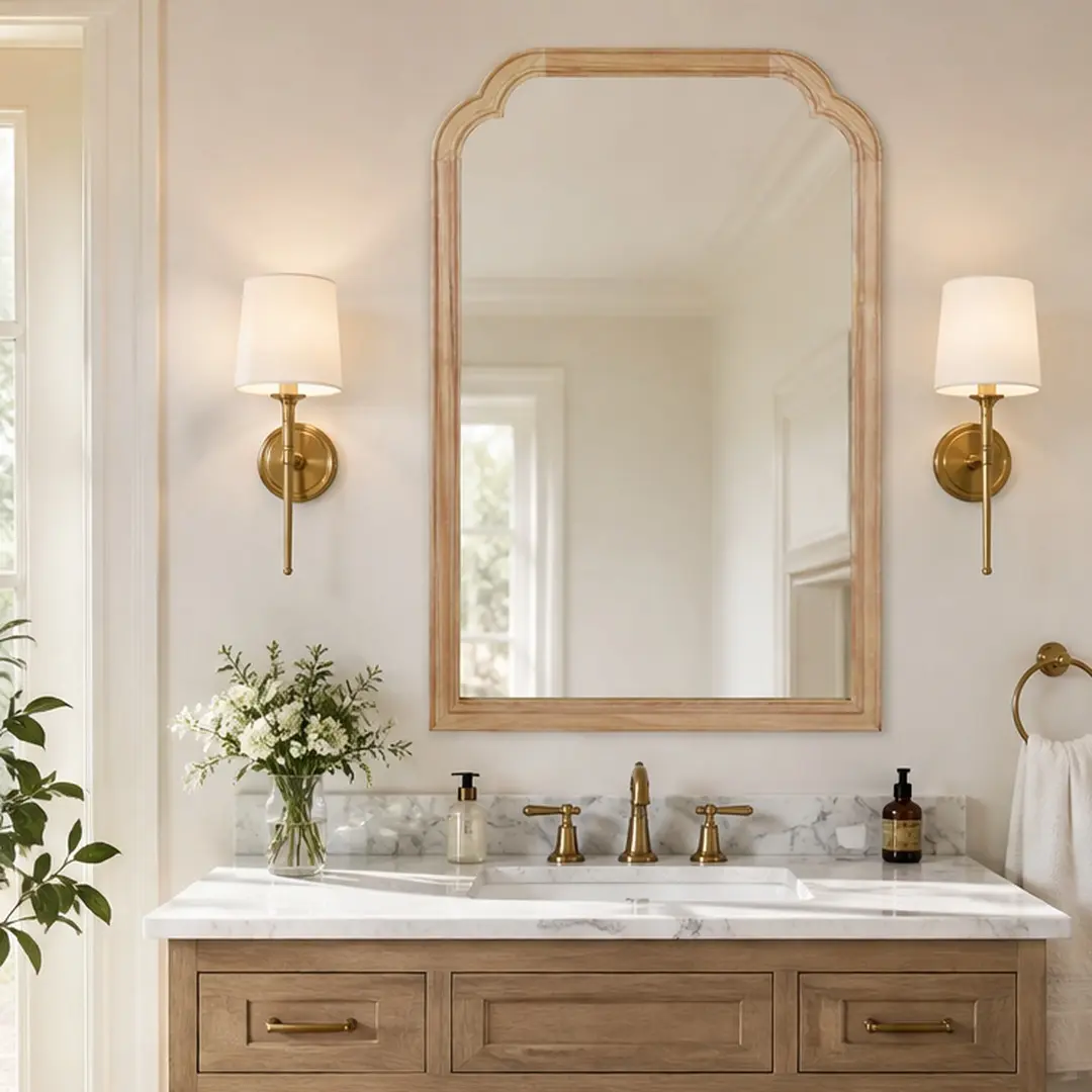 20x30 in Rectangle Farmhouse Decorative Wall Mirror - MDF Natural Solid Wood Frame, Rounded Corners, HD Tempered Glass, Easy-Install D-Ring Hangers, Single Box, Art Deco French Country Style, Bathroom Mirrors for Vanity, Vanity Aesthetic, Fireplace Decor