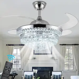 42" Invisible Ceiling Fan Chandelier with Light,Modern Crystal Ceiling Fan Light Remote Control 4 Retractable ABS Blades for Bedroom Living Dining Room Decoration