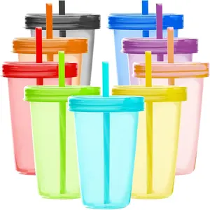 9 Sets 16 Ounce Plastic Cups with  and Straws,  Plastic Cups with Straws (Rainbow Colors)