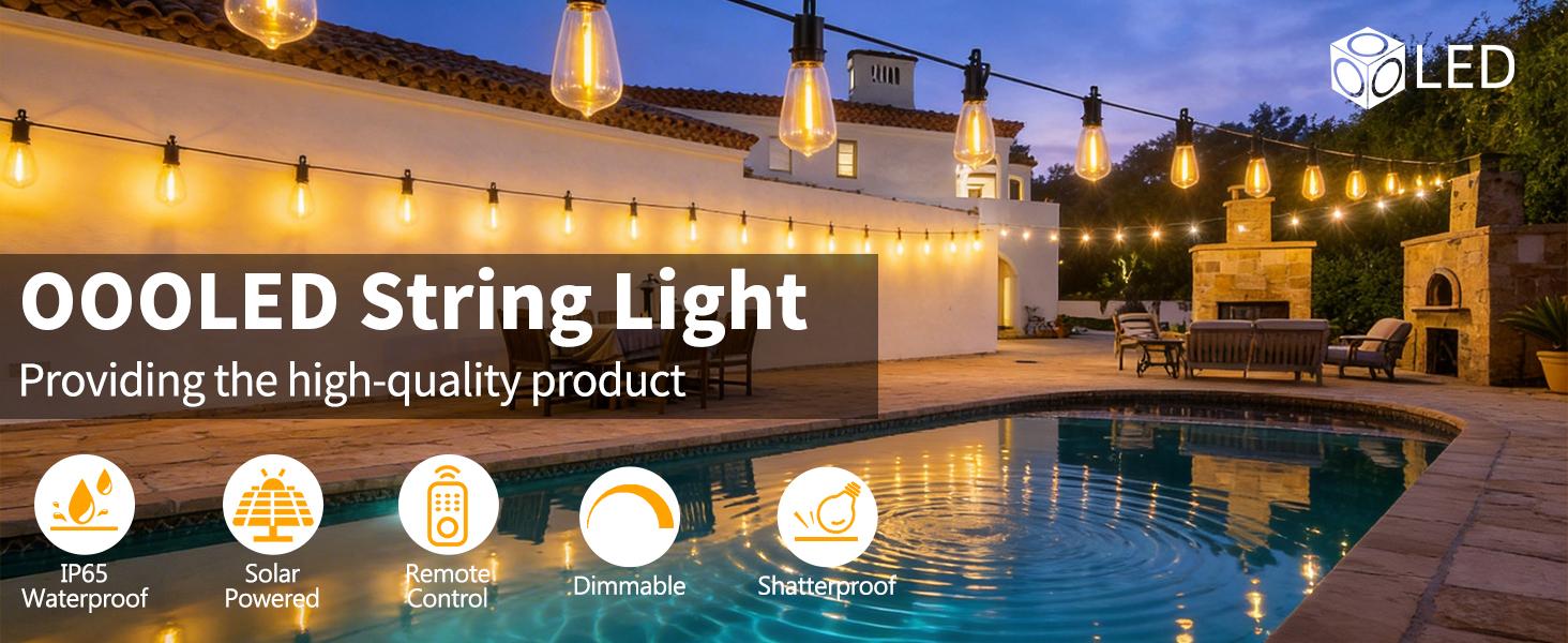 【OOOLED】  60FT Solar String Lights, Dusk to Dawn Light Sensor, Waterproof Shatterproof Outdoor Lights, 8 Lighting Modes Dimmable, Auto On/Off Solar Powered Fairy Lights for Patio, Porch, Backyard & Garden