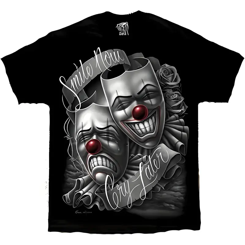 [100% cotton]DGA drama mask Lowrider Chicano art smile Now Cry Later David Gonzales casual loose comfortable t-shirt Black Crewneck