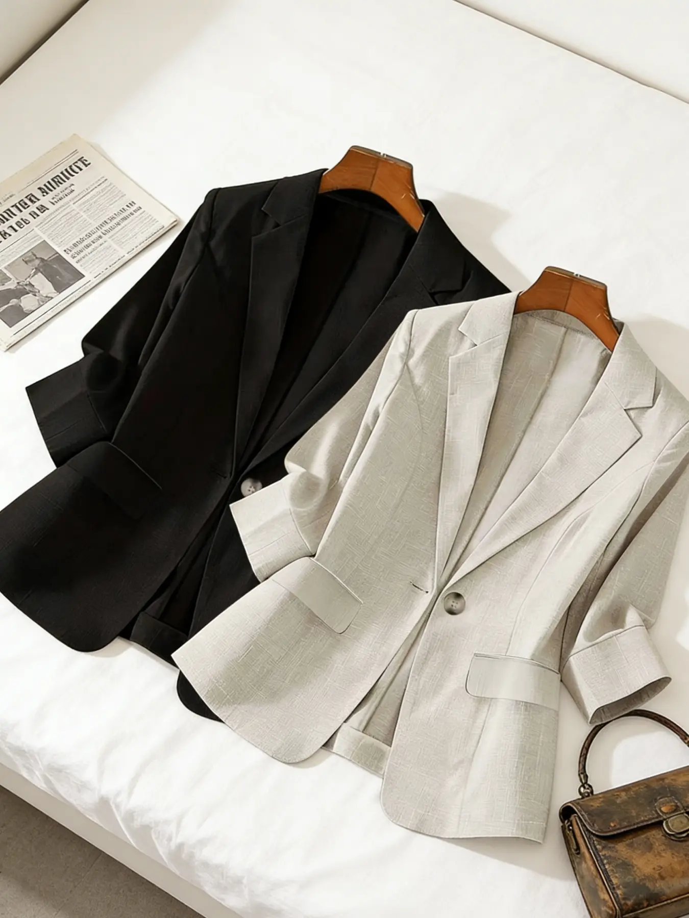 Women's two-piece plain color single-breasted double-pocket half-sleeve five-point suit button lapel blazer jacket, suitable for spring and summer, Office Wear, suitable for commuting outfit.