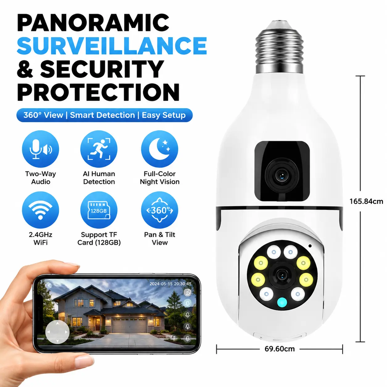 Kgarden E27 Socket WiFi Wireless Security Camera, 1080P HD Dual Lens 360° PTZ Automatic Ceiling Mount Camera with Color Night Vision, Motion Detection, 2-Way Audio, App Control, Remote View, Micro SD Slot for Home Security