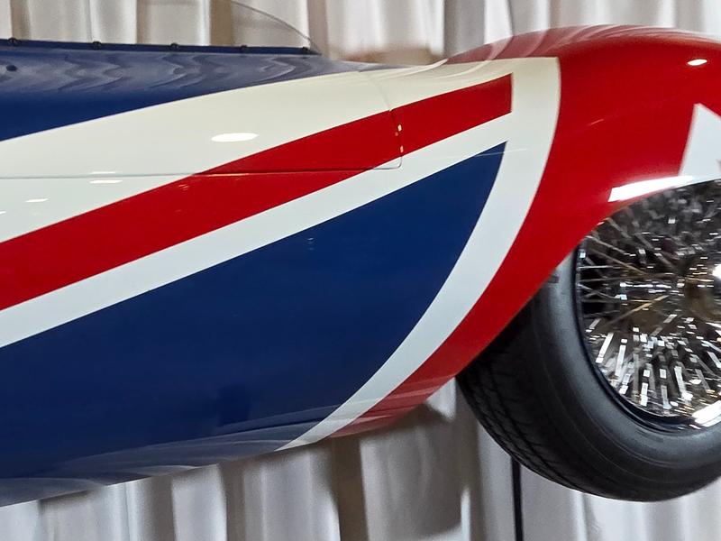 1955 Jaguar D-Type Classic Wall Art work with Union Jack Livery Dayton Wire Wheels