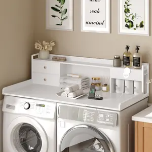 Washer and Dryer Countertop with Charging Station, 2-Titer Large Laundry Countertop with Hooks and Non-Slip Pads, Wooden Dryer Cover with Shelf for Laundry Room Organization, White #SummerVibes