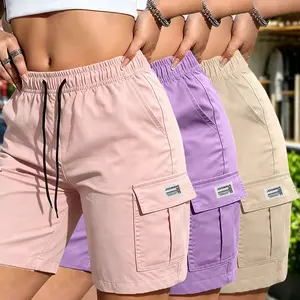 3-pack women’s summer fashion casual solid-color cargo shorts with drawstring waist and pockets, featuring a simple large patch pocket; suitable for outdoor leisure, sports, everyday fashion outfits, etc.