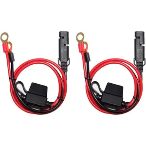 [2 PACK] 2FT Motorcycle Battery Charger Cord, Sae to O Ring Terminal Quick Disconnect Assembly Extension Cable, Sae 2Pin Wire Harness Reverse Polarity Adapter Port Accessory, 10A Fuse