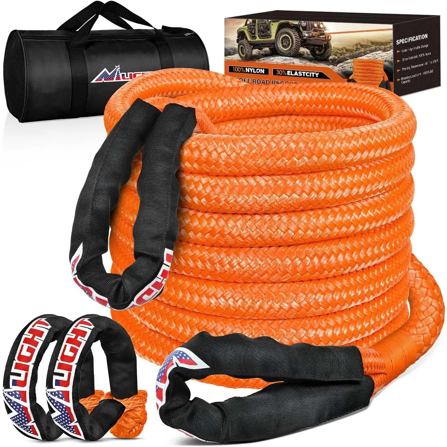 Kinetic Recovery Tow Rope Kit with 2 Soft Shackle 1-1/8inx30ftt Heavy Duty Offroad Tow Rope Snatch Strap Towing Strap kit 48,000LBS for UTV ATV SUV Truck Car Jeep Tractor