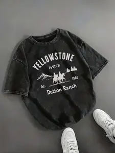 Vintage Yellowstone Park Letter Print Round Neck Washed T-Shirt for Women, Casual Fitted Western Style Top, Trendy and Stylish