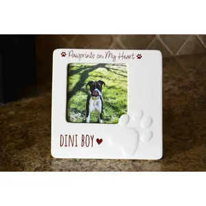 White Ceramic Pet Picture Frame with Paw Print Design - Personalized Pet Memorial Gift