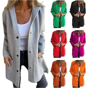 Women’s casual single-breasted hooded jacket made of lightweight flannel—long fall jacket, dressy trench coat
