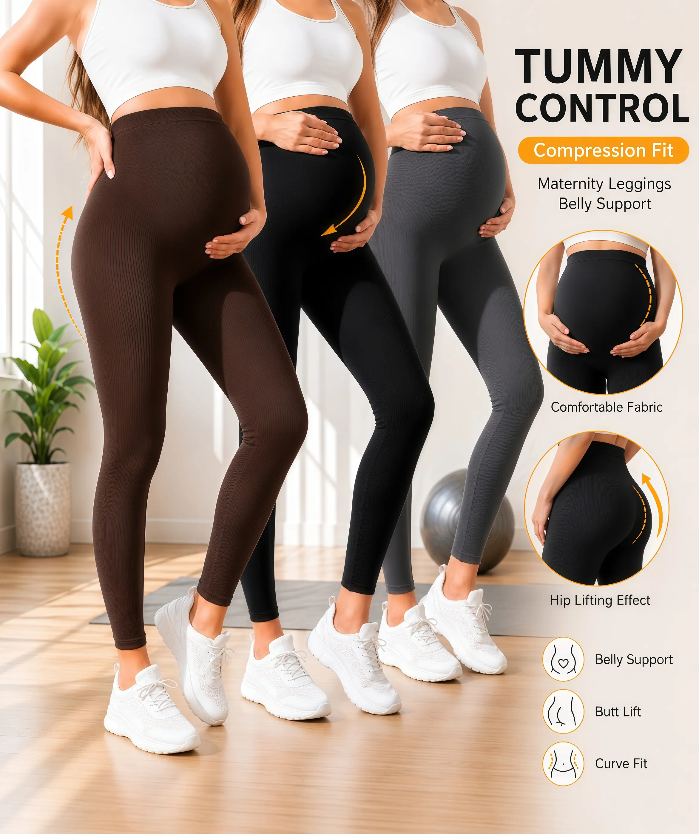 YMZFIT Women's High-Waist Ribbed Stretch Maternity Yoga Leggings - Opaque Knitted Belly Support Apparel, Breathable, Machine Washable, Neutral Tones, Alleviates Abdominal Pressure for Pregnancy, Exercising - Consult Size Chart, Maternity Apparel, Breathab