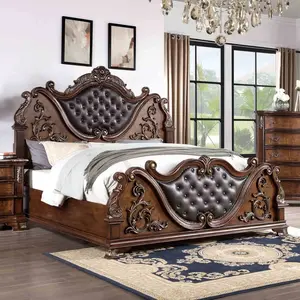 [Bellemave](3 packages)Luxurious Brown Cherry Traditional California King Size Bed Tufted Leatherette HB FB 1pc Bed Bedroom Furniture Wooden On-Site