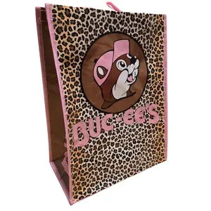 Buc-ee's Pink Leopard Two Sided Design Reusable Grocery Tote Bag Eco-Friendly Sustainable Travel-Friendly Shopping Bag with Unique Turquoise Teal Color and Adorable Face Design