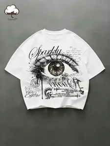 Men's White Cotton Graphic Round Neck Tee, Menswear Oversized Streetwear T-Shirt with Eagle Eye & Sparkle Print, Vintage Grunge Style for Casual Daily Wear and Parties
