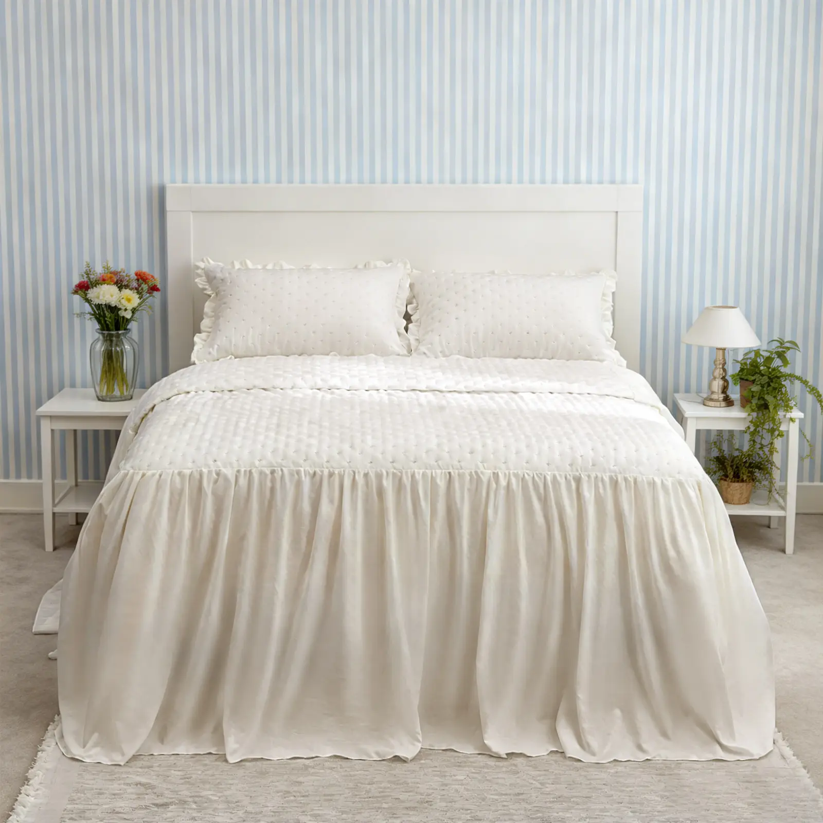 CNCEST Ruffled Bedspread Set King Size/Queen Size, Washed Cotton Vintage Quilted Coverlet Set Bedding with 30 Inch Drop & 2 Pillow Shams for Farmhouse, Boho & Cottage Decor