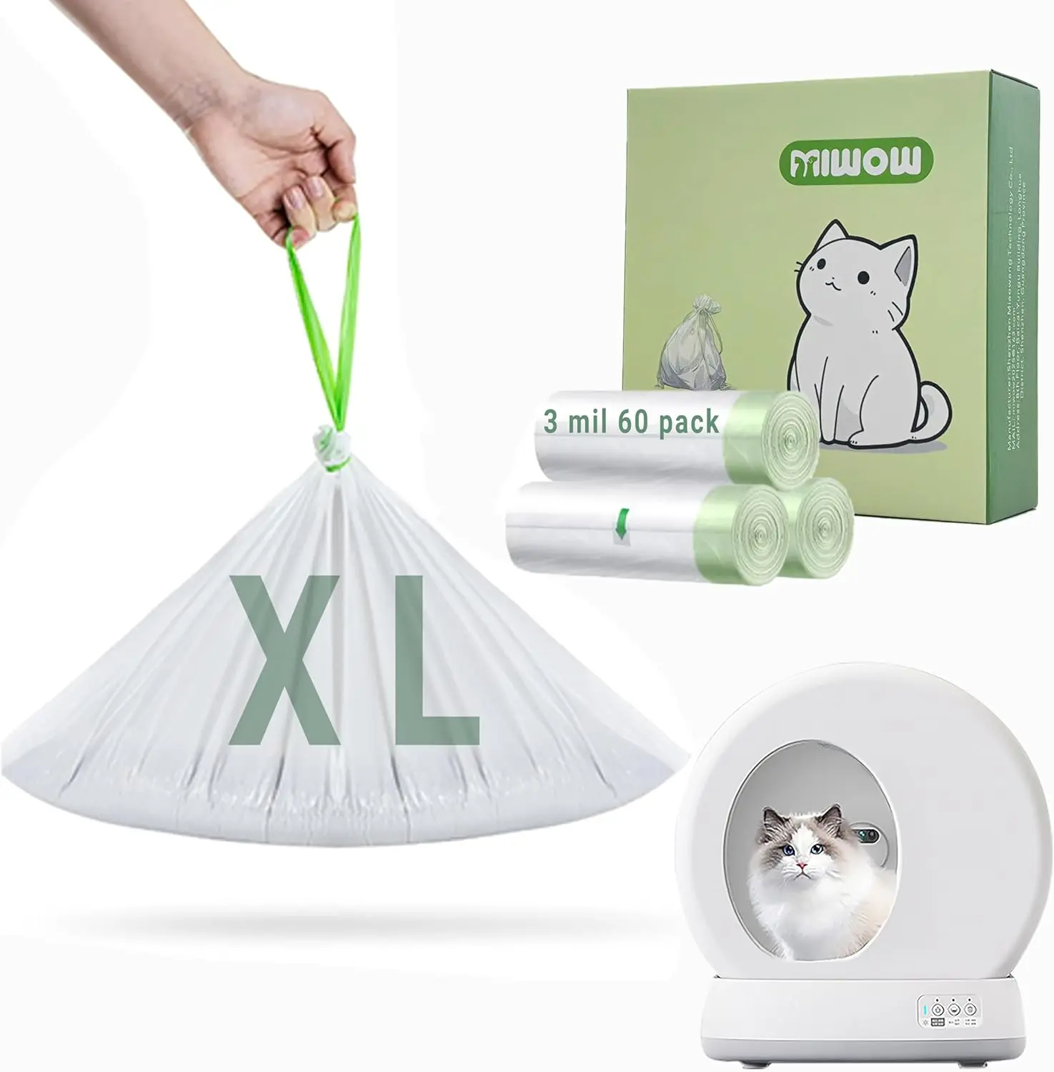 60 Count Miwow Cat Litter Box Liners for MeoWant MW-SC01、MW-SC02, Leak-Proof & Odor-Proof Litter Box Liners Replacement Waste Bags, Compatible for Meowant and More Automatic Litter Box (3 Rolls)