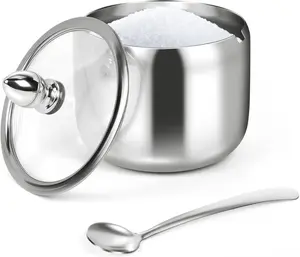 Stainless Steel Sugar Container with Glass Lid and Spoon - 10oz Capacity for Coffee Bar Station Accessories Kitchen Storage Utensils Seasoning Sturdy