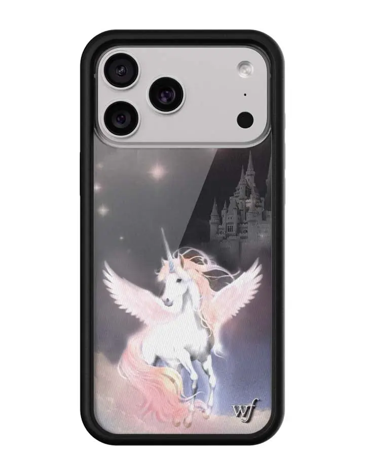 Mazzy Joya Collab | Limited Edition Trendy Collaboration iPhone Case | Raised Protective Black Bumper | Women Owned Small Business | Aesthetic Collaboration Dark Background Flying Castle Vibrant Unicorn Pegasus | Safety Casing Protective | Gift for Her