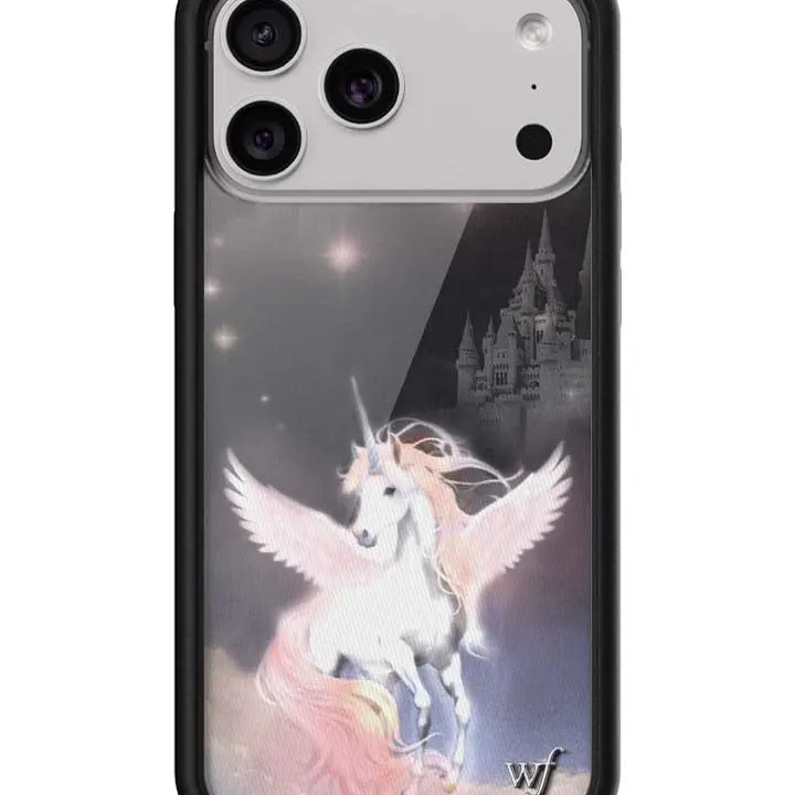 Mazzy Joya Collab | Limited Edition Trendy Collaboration iPhone Case | Raised Protective Black Bumper | Women Owned Small Business | Aesthetic Collaboration Dark Background Flying Castle Vibrant Unicorn Pegasus | Safety Casing Protective | Gift for Her