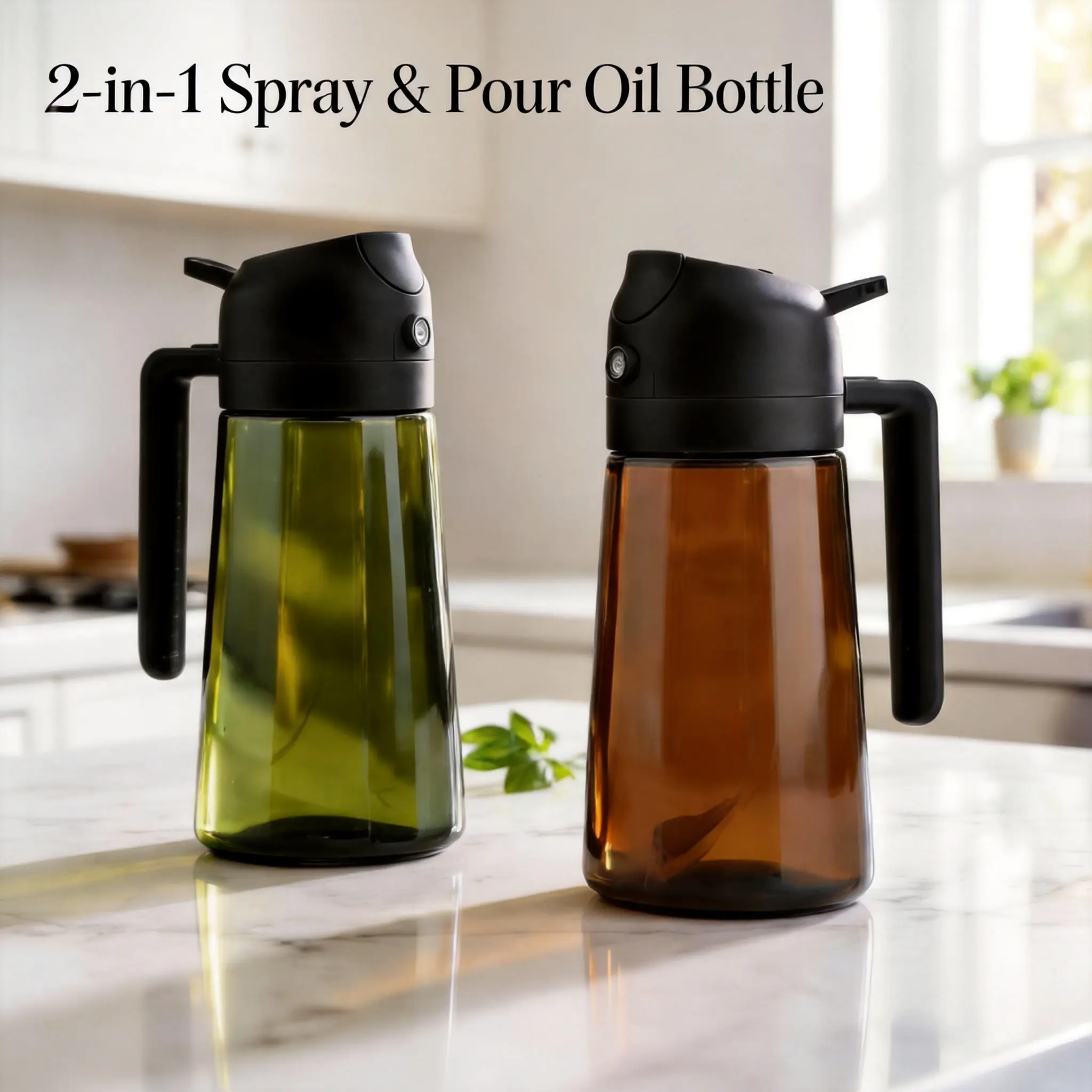 2-Count BPA-Free 16oz/470ml Light-Blocking Dark Green Glass 2-in-1 Spray/Pour Oil Dispensers with Lid & Nozzle, Kitchen Gadget for Barbecues Even Coat, Refillable Food-Grade Mister for Air Fryer, Olive/Avocado Oil, Soy Sauce,kitchen gadgets