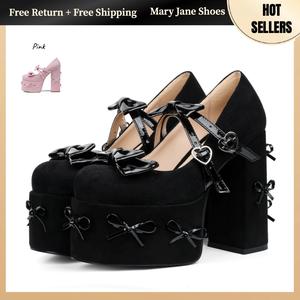 Platform Mary Jane Shoes for Women Cute Bow Buckle High Chunky Heel Cute Suede Dress Shoes Goth Pumps Shoes Uniform Oxfords Outdoor AOSPHIRAYLIAN