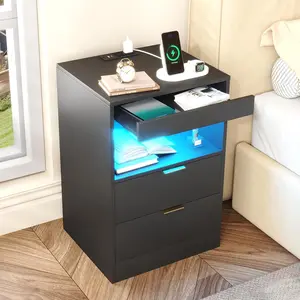 LED Nightstand with  Station, Bedside Table with 3 Drawers and LED Lights, End Table Sofa Couch Side Table with Pull-Out Shelf, Black
