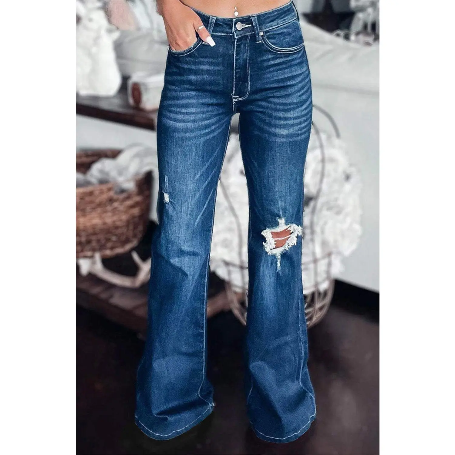 Asymmetrical Open Knee Distressed Flare Jeans